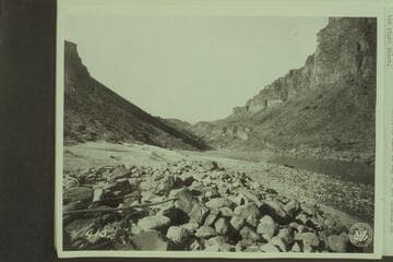 Looking down river from below the mouth of Red Canyon at Hance Rapid. The beginning of the Archean is in the distance. All later pictures show the dump from the Hance asbestos mine on top of the Hotauta on the right shore
