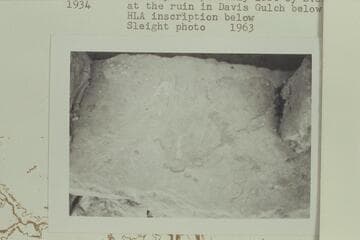 "NEMO 1934" inscription probably left by Everett Ruess at the ruin in Davis Gulch below the window.  "HLA" inscription below