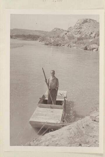 Harold H. Leich in his punt "Dirty Devil." At Cisco Pump House on the Colorado River