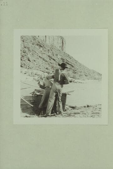 Major Powell (played by John Beal) knocks out his brother, Walter Powell (played by Jim Drury). Disney filming of "The Colorado River Story" near Castle Creek above Moab