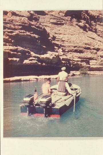 The "Rattlesnake" cruising into the lagoon at the "Little Colorado." Cutler; Rod Sanderson; Joe Desloge