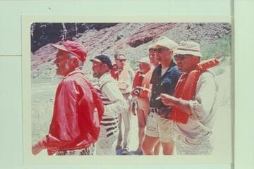 A look-see a Hance Rapid. Left to right: Littleton, Jordan, Gardner, Marston, Buzz Belknap, Bechtel and Komie