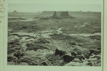 Un-named butte of elevation 6226 at upper left. The Buttes of the Cross at upper center. Cleopatra's Chair at upper right. The forks of Millard Canyon at center