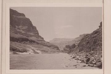Downstream from foot of beach below Tapeats Creek. The Narrows are in the middle distance