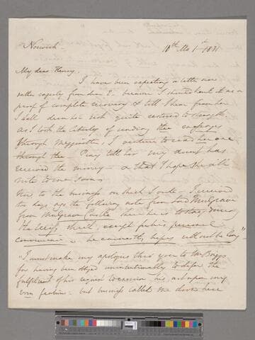 Opie, Amelia (Alderson). Letter to Henry Perronet Briggs
