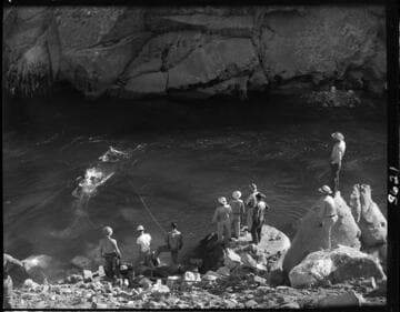 Big Creek 4 construction work: Men diving in San Joaquin River trying to find submerged truck