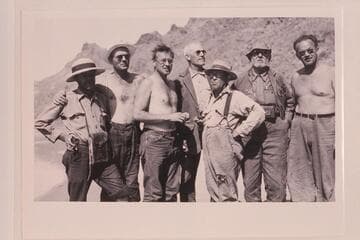 Charles Kelly; Frank Swain; George Stone; William Chryst; A. L. Inglesby; Julius Stone; Russell Frazier. Lees Ferry following Glen Canyon traverse of 1938, Sep.-Oct