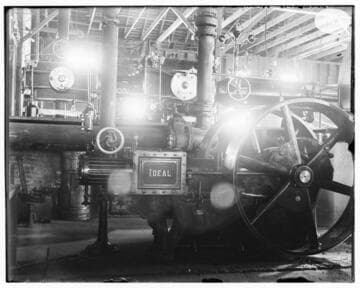 The "Ideal" Engine in Los Angeles #1 Steam Plant with an open view to the rear of the plant. Note: the dupe negative came from the Huntington Library