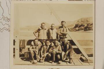 The crew which made the low-water transit from Lees Ferry to the trestle above Hoover Dam, then under construction. Upper: Frazier, Eddy and Swain; lower: Alt Hatch, Mowrey, Bus Hatch and Fahrni