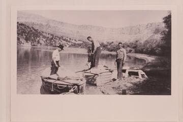 Blake; Curley Hale; West; Page. With the boats used on upper Green in 1926. Those boats had been used for the Survey in 1922