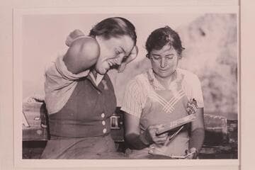 Lois Jotter and Elzada Clover at end of Grand Canyon traverse. Pierce Ferry. The first two women to make a Grand Canyon traverse