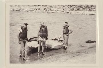 Jack Wimpress, Walter Prevost and Don Wimpress just before the start down the San Juan River from Mexican Hat. The boat at the left is a 10-ft. rowboat and that at right is an 8-ft. pram