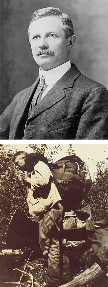 Top: Portrait of Frederick Jackson Turner (1861–1932), ca. 1905. Unidentified photographer. The Huntington Library, Art Collections, and Botanical Gardens. Bottom: Frederick Jackson Turner “on the portage,” according to the label for this image in one of the Turners’ photograph albums of their 1908 canoe trip. Unidentified photographer. The Huntington Library, Art Collections, and Botanical Gardens. Top: Portrait of Frederick Jackson Turner (1861–1932), ca. 1905. Unidentified photographer. The Huntington Library, Art Collections, and Botanical Gardens. Bottom: Frederick Jackson Turner “on the portage,” according to the label for this image in one of the Turners’ photograph albums of their 1908 canoe trip. Unidentified photographer. The Huntington Library, Art Collections, and Botanical Gardens.