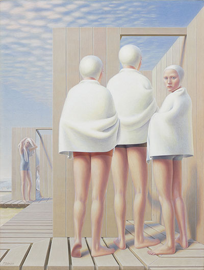 George Tooker, Bathers (Bath Houses), 1950, egg tempera on gessoed board, 20 3/8 x 15 3/8 in. George Tooker, Bathers (Bath Houses), 1950, egg tempera on gessoed board, 20 3/8 x 15 3/8 in.