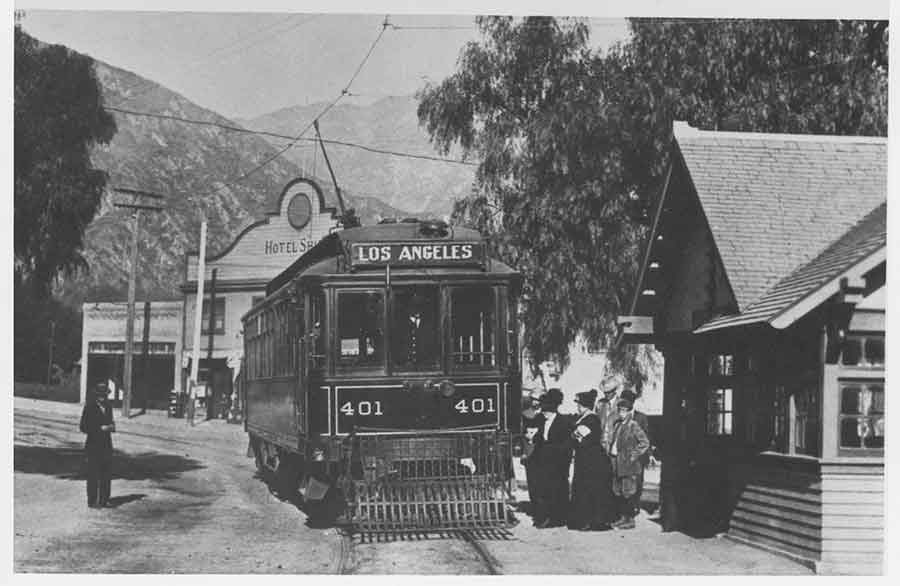 Sierra Madre Red Line station on Baldwin Avenue, Sierra Madre, California, 1906. The Los Angeles streetcar system totaled 1,140 miles in 1910, which is a third larger than today’s New York City subway system. It was one of the largest privately funded interurban systems ever built. The Observatories of the Carnegie Institution for Science Collection at the Huntington Library, San Marino, California